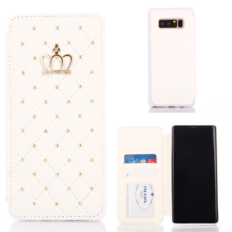 

Stitching Rhombus Crown Card Holder Leather Flip Case for Samsung Galaxy Note 8 N950 - White