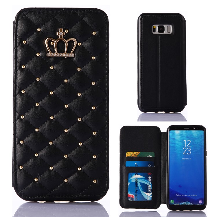 Crown Grid Pattern Leather Card Holder Stand Case for Samsung Galaxy S8 G950 - Black-1
