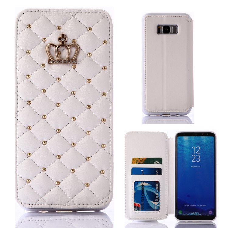 Crown Grid Pattern Leather Card Holder Stand Cover for Samsung Galaxy S8 G950 - White-1