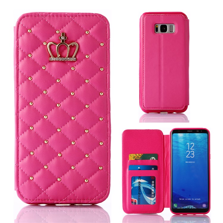 Crown Grid Pattern Leather Card Holder Stand Phone Case for Samsung Galaxy S8 G950 - Rose-1