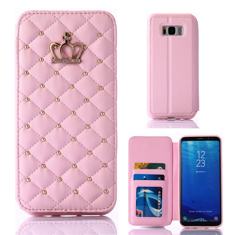 Crown Grid Pattern Stand Leather Mobile Case with Card Slots for Samsung Galaxy S8 G950 - Pink-1