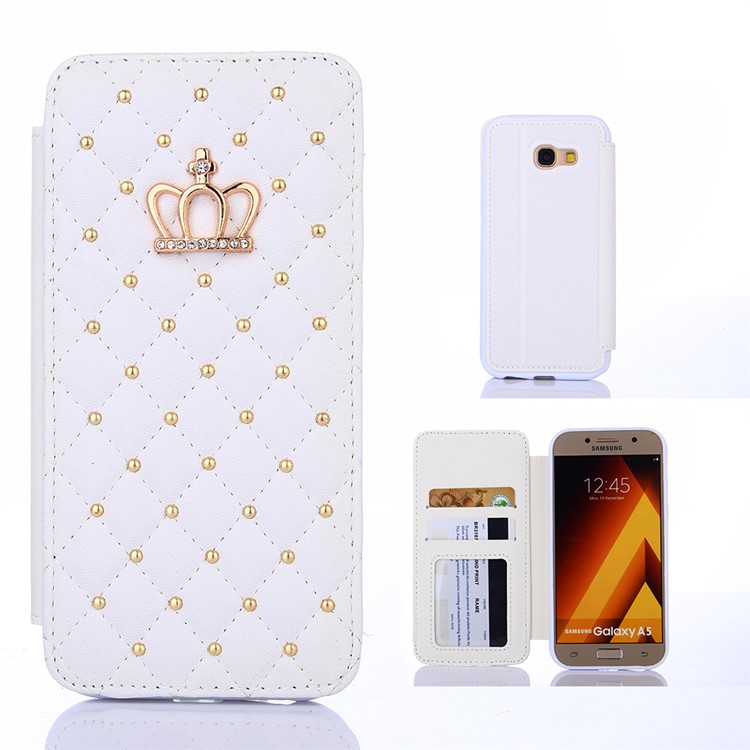 Stitching Rhombus Crown Stand Leather Card Holder Case for Samsung Galaxy A5 (2017) A520F - White-1