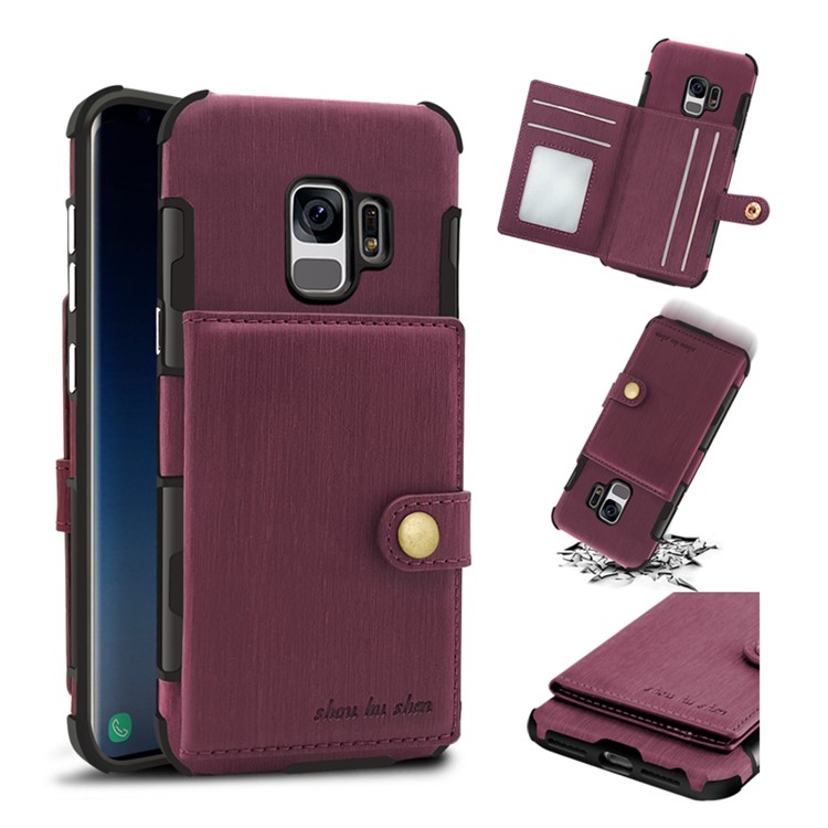 SHOUHUSHEN for Samsung Galaxy S9 G960 Brushed Card Slots PU Leather Coated Hard PC Case - Wine Red-1