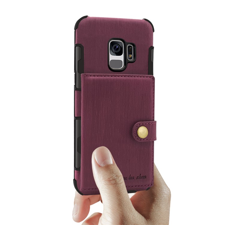 SHOUHUSHEN for Samsung Galaxy S9 G960 Brushed Card Slots PU Leather Coated Hard PC Case - Wine Red-12