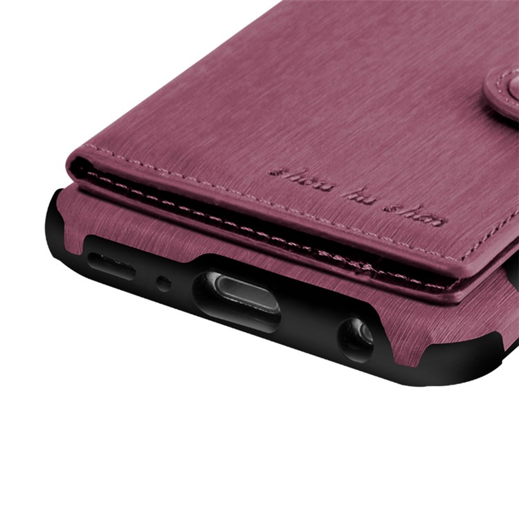 SHOUHUSHEN for Samsung Galaxy S9 G960 Brushed Card Slots PU Leather Coated Hard PC Case - Wine Red-15