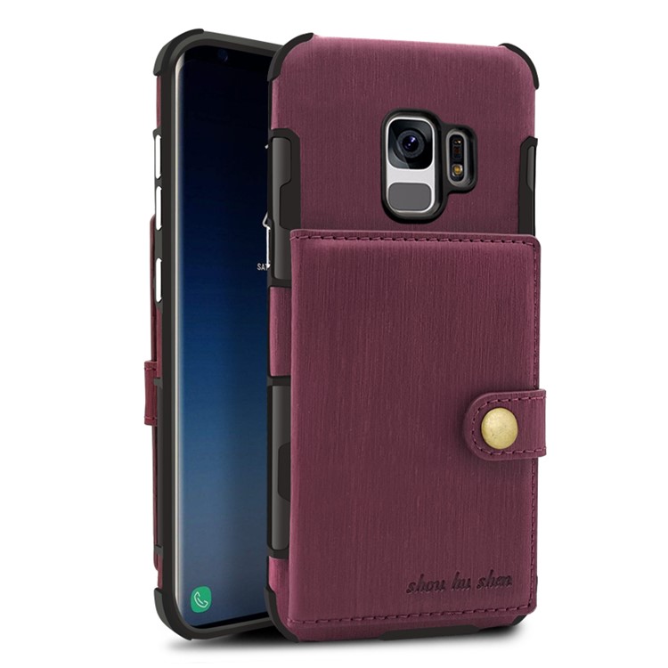SHOUHUSHEN for Samsung Galaxy S9 G960 Brushed Card Slots PU Leather Coated Hard PC Case - Wine Red-2