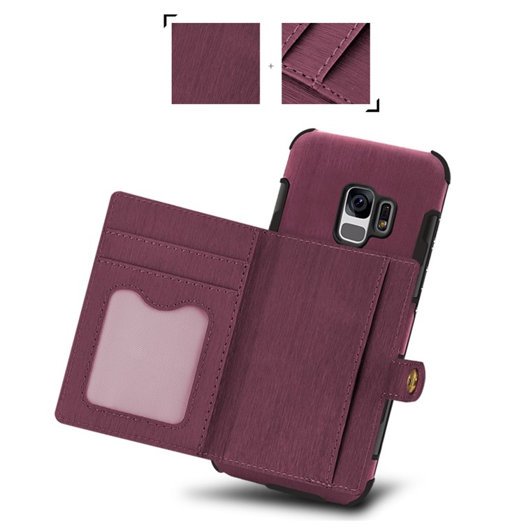 SHOUHUSHEN for Samsung Galaxy S9 G960 Brushed Card Slots PU Leather Coated Hard PC Case - Wine Red-3