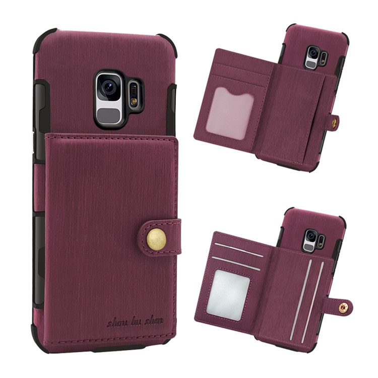 SHOUHUSHEN for Samsung Galaxy S9 G960 Brushed Card Slots PU Leather Coated Hard PC Case - Wine Red-4