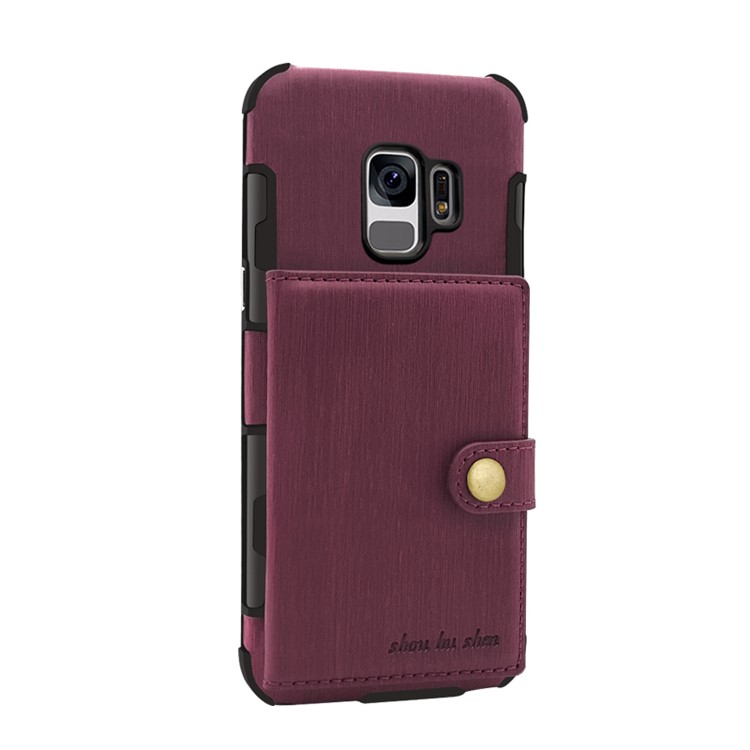 SHOUHUSHEN for Samsung Galaxy S9 G960 Brushed Card Slots PU Leather Coated Hard PC Case - Wine Red-6