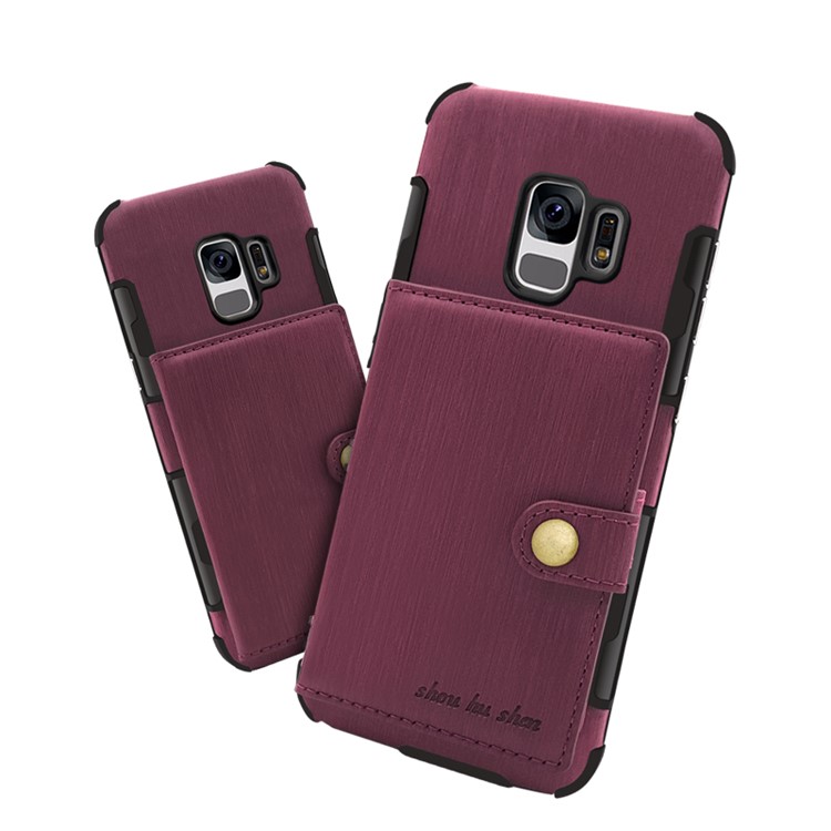 SHOUHUSHEN for Samsung Galaxy S9 G960 Brushed Card Slots PU Leather Coated Hard PC Case - Wine Red-7