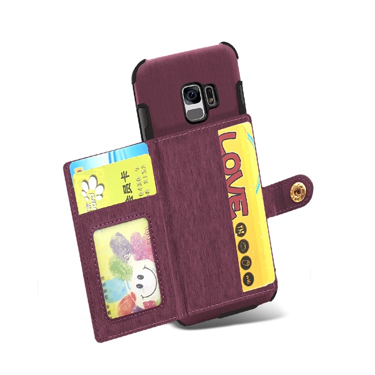 SHOUHUSHEN for Samsung Galaxy S9 G960 Brushed Card Slots PU Leather Coated Hard PC Case - Wine Red-8