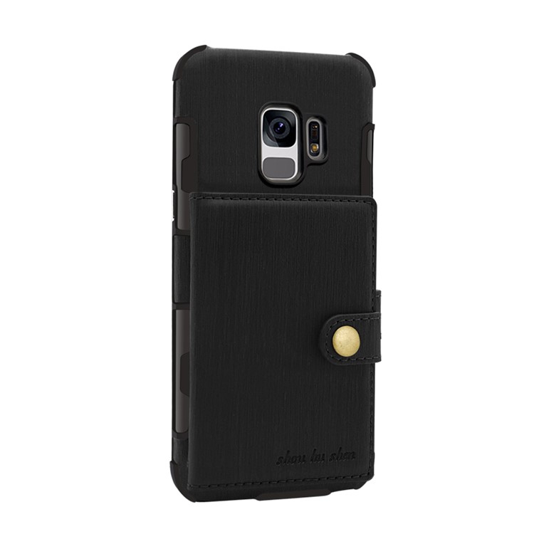 SHOUHUSHEN for Samsung Galaxy S9 G960 Brushed Card Slots PU Leather Coated Hard Back Case - Black-1