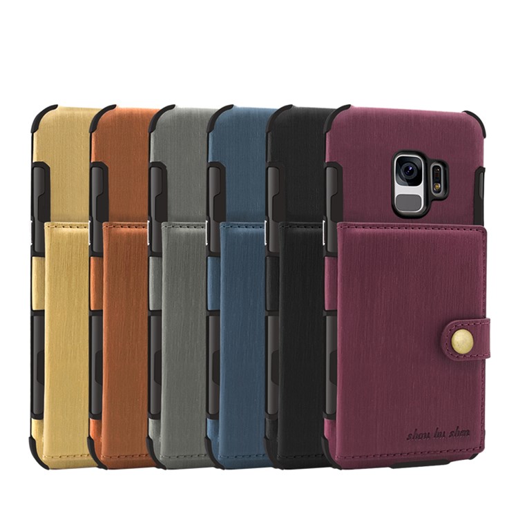 SHOUHUSHEN for Samsung Galaxy S9 G960 Brushed Card Slots PU Leather Coated Hard Back Case - Black-2