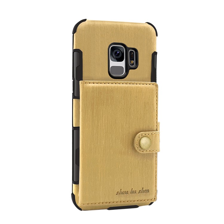 SHOUHUSHEN for Samsung Galaxy S9 G960 Brushed Card Slots PU Leather Coated Hard PC Mobile Cover - Gold-1