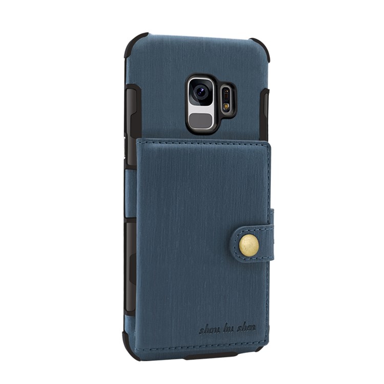 SHOUHUSHEN Brushed Card Slots PU Leather Coated Hard Mobile Phone Case for Samsung Galaxy S9 G960 - Blue-1