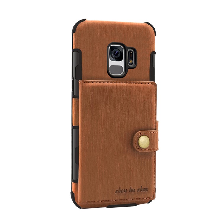 SHOUHUSHEN Brushed Card Slots PU Leather Coated PC Cell Phone Cover for Samsung Galaxy S9 G960 - Brown-1