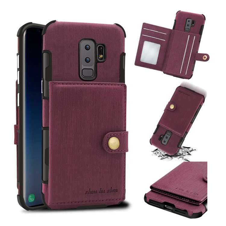 SHOUHUSHEN for Samsung Galaxy S9+ G965 Brushed Card Slots PU Leather Coated Hard Back Case - Wine Red-1