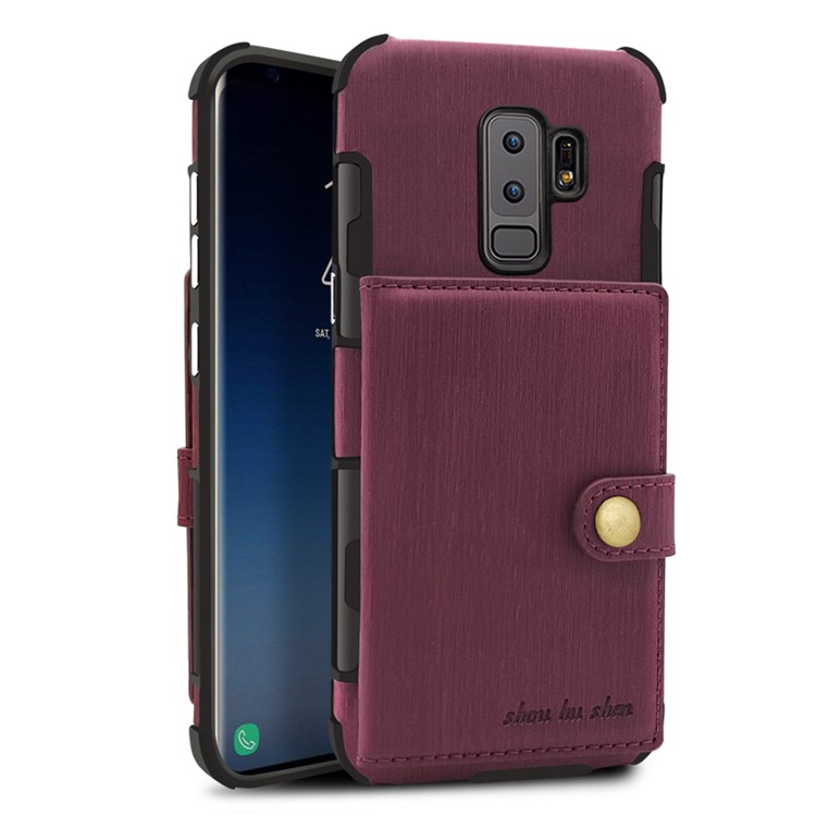 SHOUHUSHEN for Samsung Galaxy S9+ G965 Brushed Card Slots PU Leather Coated Hard Back Case - Wine Red-3