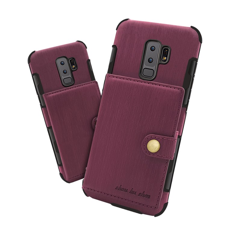SHOUHUSHEN for Samsung Galaxy S9+ G965 Brushed Card Slots PU Leather Coated Hard Back Case - Wine Red-4