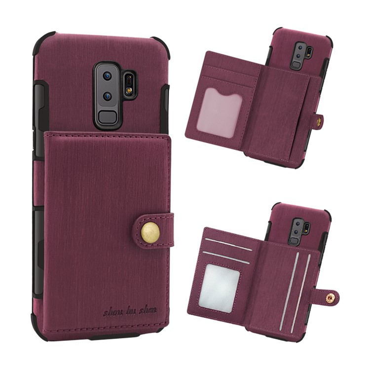 SHOUHUSHEN for Samsung Galaxy S9+ G965 Brushed Card Slots PU Leather Coated Hard Back Case - Wine Red-9