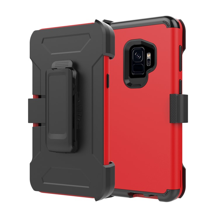 Heavy Duty Rugged PC Silicone Hybrid Belt Clip Rotary Kickstand Cover for Samsung Galaxy S9 SM-G960 - Red-1