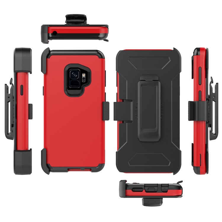 Heavy Duty Rugged PC Silicone Hybrid Belt Clip Rotary Kickstand Cover for Samsung Galaxy S9 SM-G960 - Red-2