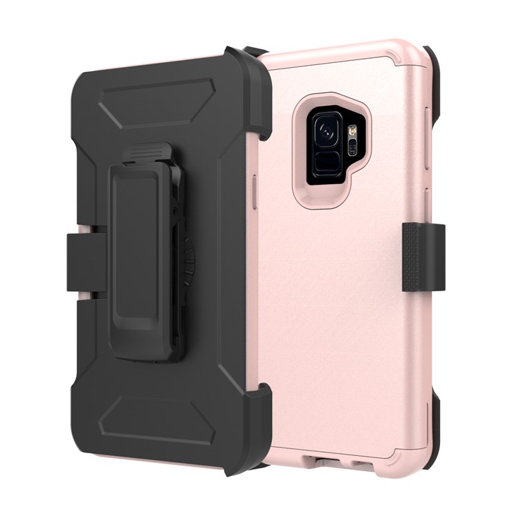 Heavy Duty Rugged PC Silicone Hybrid Belt Clip Rotary Kickstand Shell for Samsung Galaxy S9 SM-G960 - Rose Gold-1
