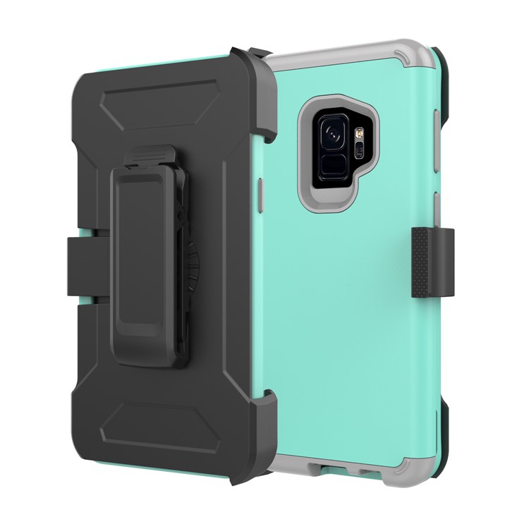Heavy Duty Rugged PC Silicone Hybrid Belt Clip Rotary Kickstand Casing for Samsung Galaxy S9 SM-G960 - Cyan-1
