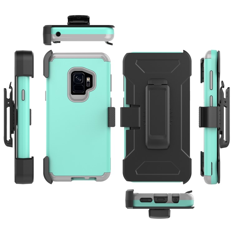 Heavy Duty Rugged PC Silicone Hybrid Belt Clip Rotary Kickstand Casing for Samsung Galaxy S9 SM-G960 - Cyan-2