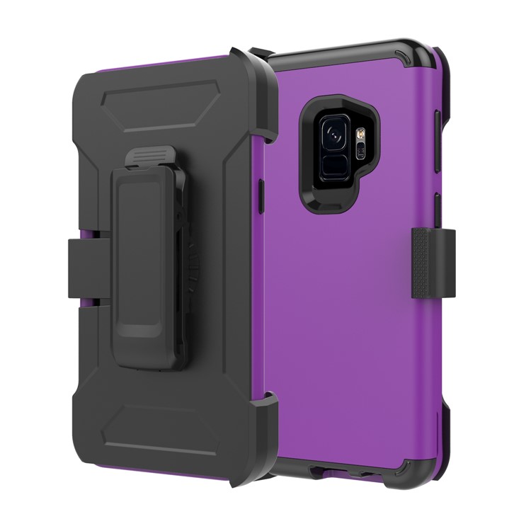 Heavy Duty Rugged PC Silicone Hybrid Belt Clip Rotary Kickstand Cell Phone Case for Samsung Galaxy S9 SM-G960 - Dark Purple-1