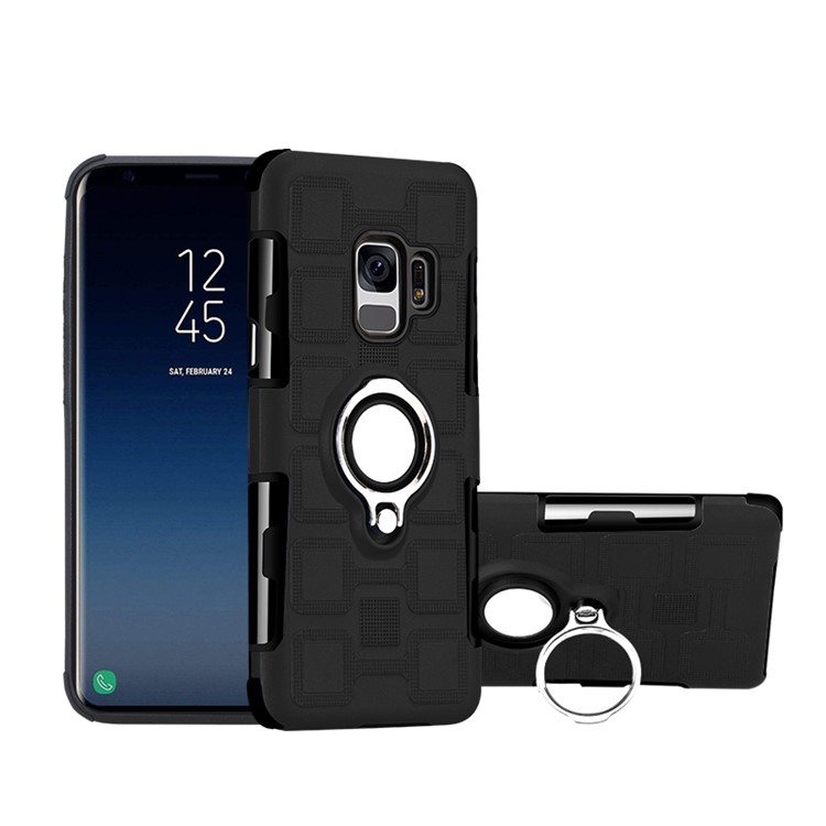For Samsung Galaxy S9 G960 Geometric Pattern TPU PC Hybrid Case with Magnetic Car Mount Ring Holder - Black-1