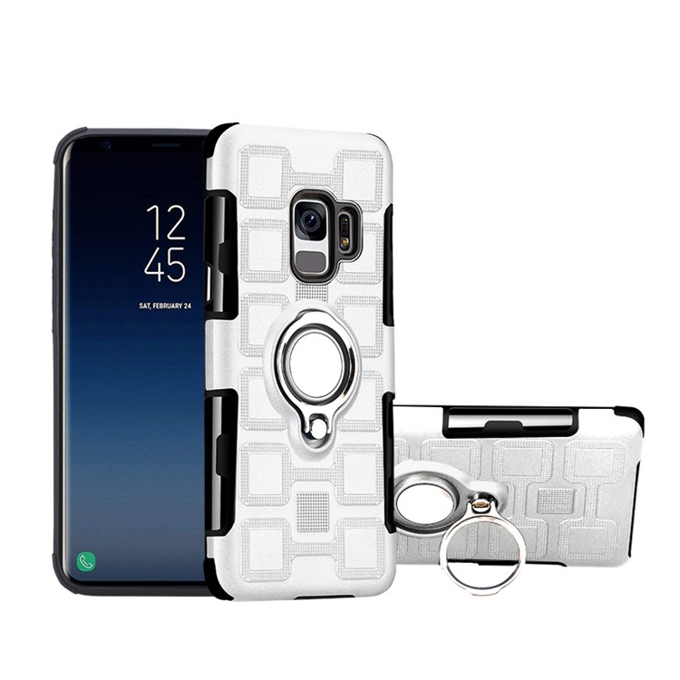 For Samsung Galaxy S9 G960 Geometric Pattern TPU PC Hybrid Cover with Magnetic Car Mount Ring Holder - Silver-1