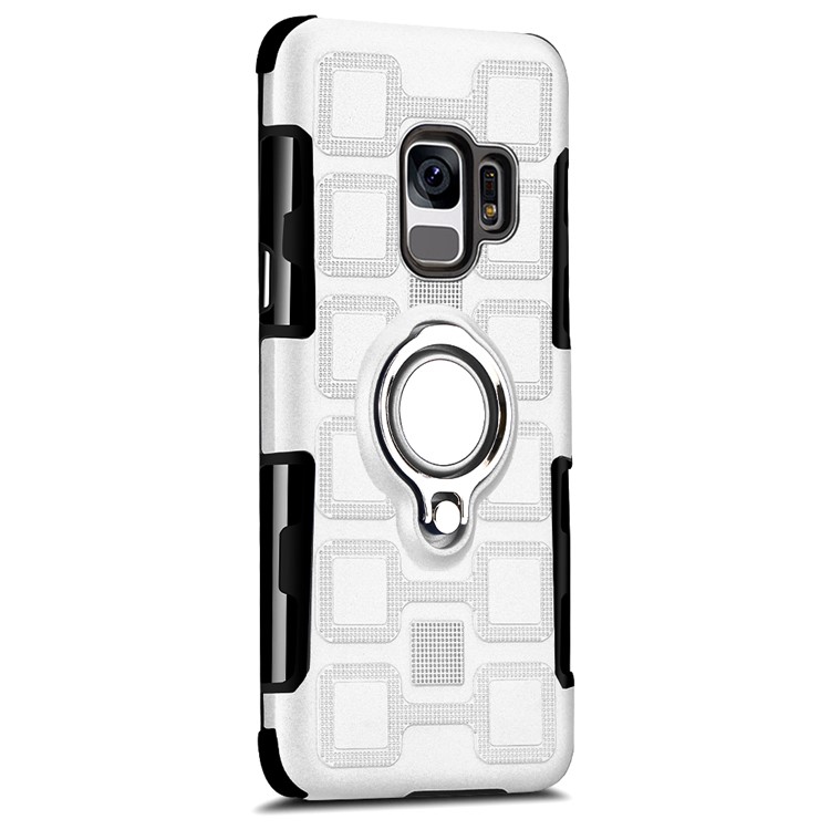 For Samsung Galaxy S9 G960 Geometric Pattern TPU PC Hybrid Cover with Magnetic Car Mount Ring Holder - Silver-2