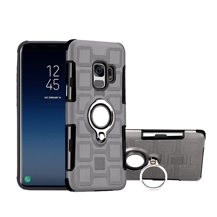 For Samsung Galaxy S9 G960 Geometric Pattern TPU PC Back Case with Magnetic Car Mount Ring Holder - Grey-1