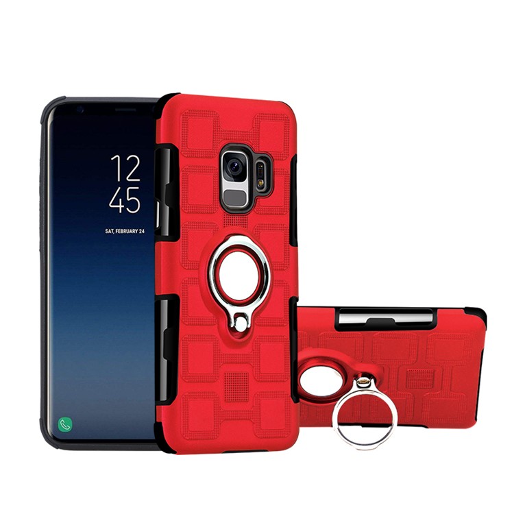 For Samsung Galaxy S9 G960 Geometric Pattern TPU PC Phone Casing with Magnetic Car Mount Ring Holder - Red-1