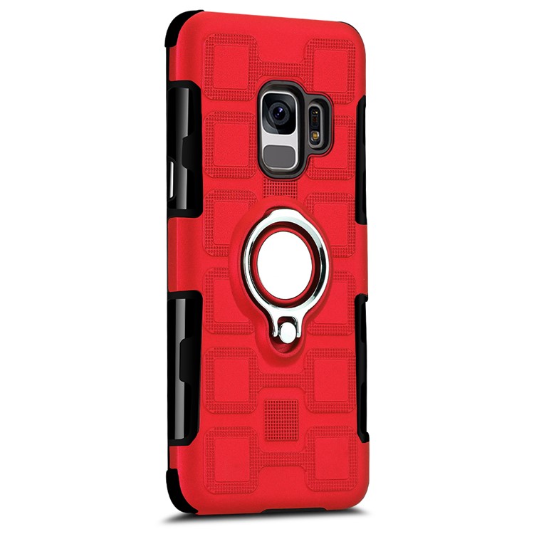 For Samsung Galaxy S9 G960 Geometric Pattern TPU PC Phone Casing with Magnetic Car Mount Ring Holder - Red-2