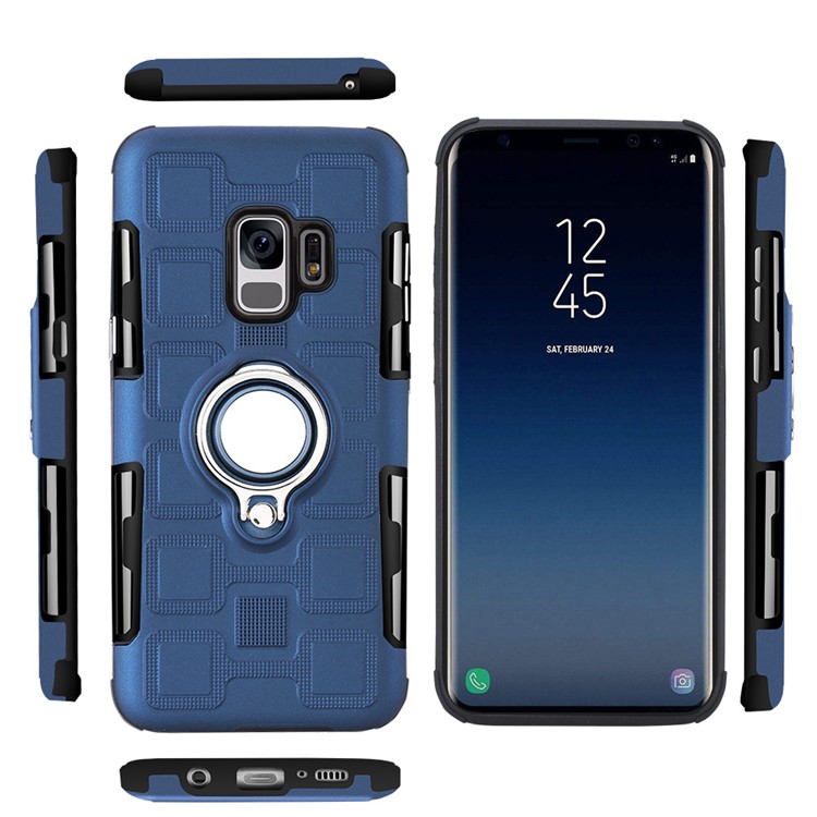 Geometric Pattern Magnetic Car Mount Ring Holder TPU PC Cell Phone Cover for Samsung Galaxy S9 G960 - Dark Blue-3