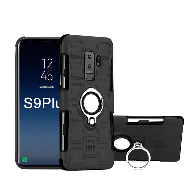 For Samsung Galaxy S9+ SM-G965 Geometric Pattern TPU PC Hybrid Case with Magnetic Car Mount Ring Holder - Black-1