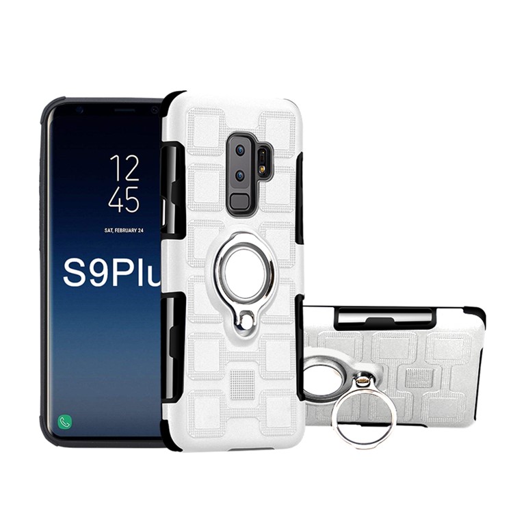 For Samsung Galaxy S9+ SM-G965 Geometric Pattern TPU PC Hybrid Cover with Magnetic Car Mount Ring Holder - Silver-1