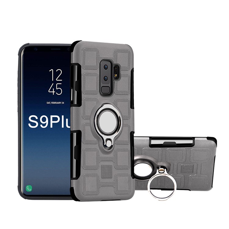For Samsung Galaxy S9+ SM-G965 Geometric Pattern TPU PC Hybrid Shell with Magnetic Car Mount Ring Holder - Grey-1