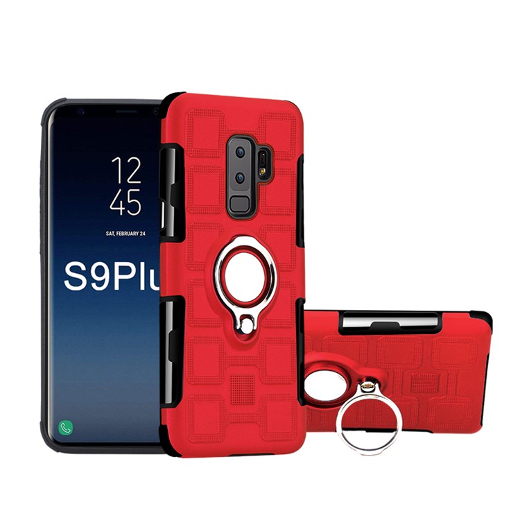 For Samsung Galaxy S9+ SM-G965 Geometric Pattern TPU PC Hybrid Casing with Magnetic Car Mount Ring Holder - Red-1