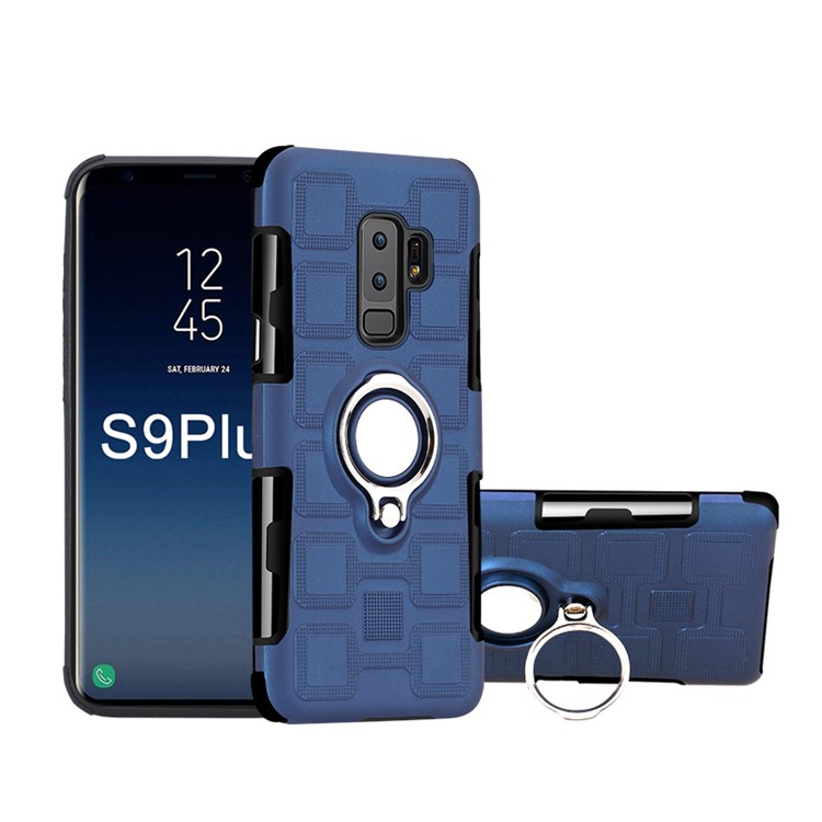 For Samsung Galaxy S9+ SM-G965 Geometric Pattern TPU PC Combo Case with Magnetic Car Mount Ring Holder - Dark Blue-1