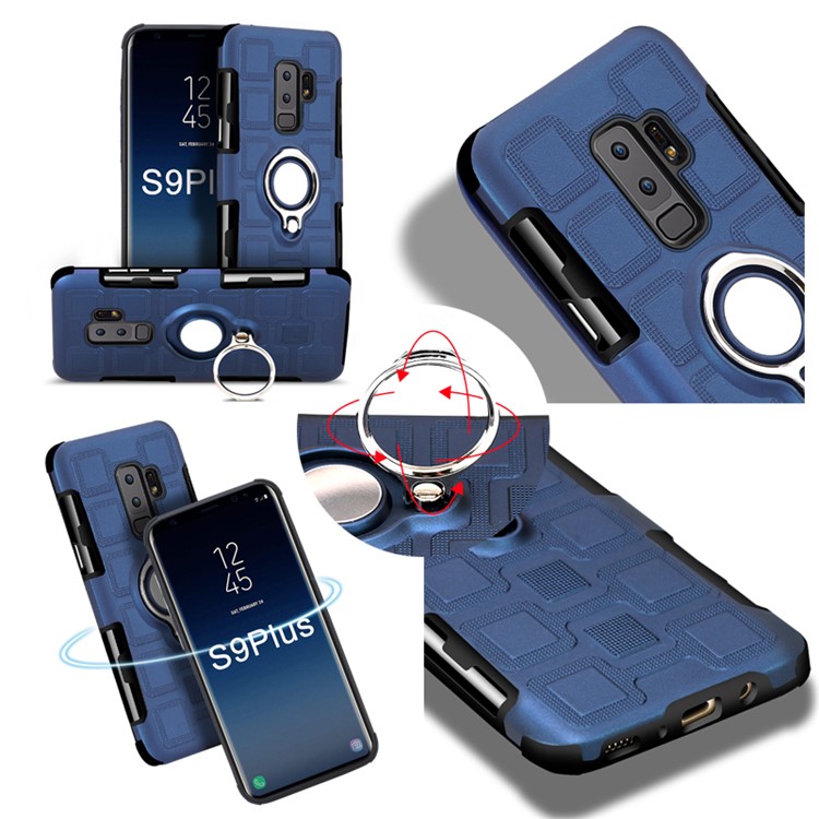For Samsung Galaxy S9+ SM-G965 Geometric Pattern TPU PC Combo Case with Magnetic Car Mount Ring Holder - Dark Blue-10