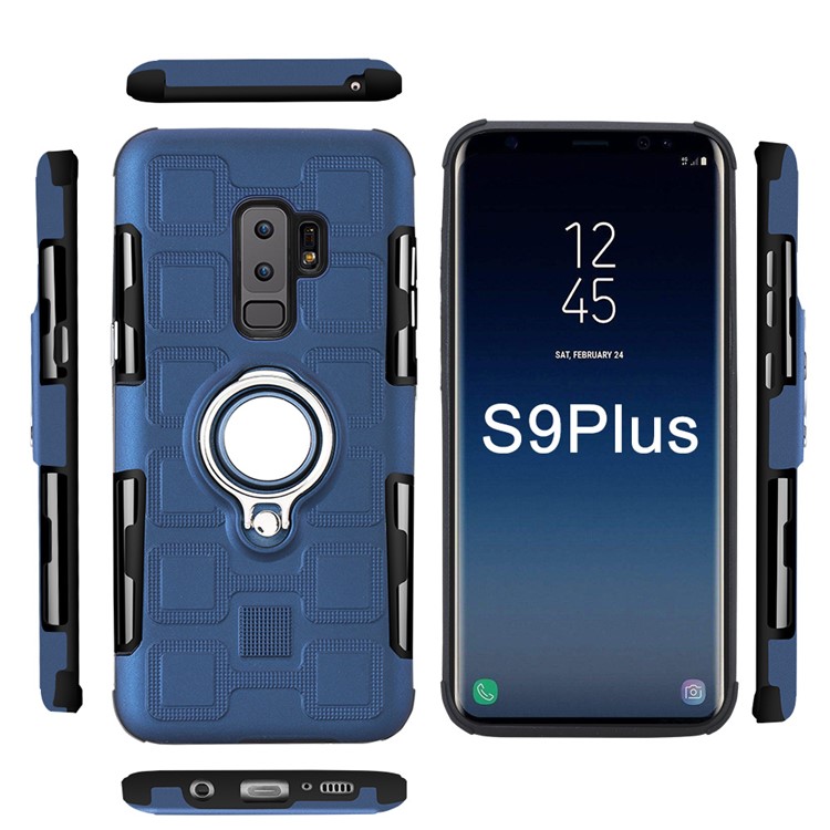 For Samsung Galaxy S9+ SM-G965 Geometric Pattern TPU PC Combo Case with Magnetic Car Mount Ring Holder - Dark Blue-3