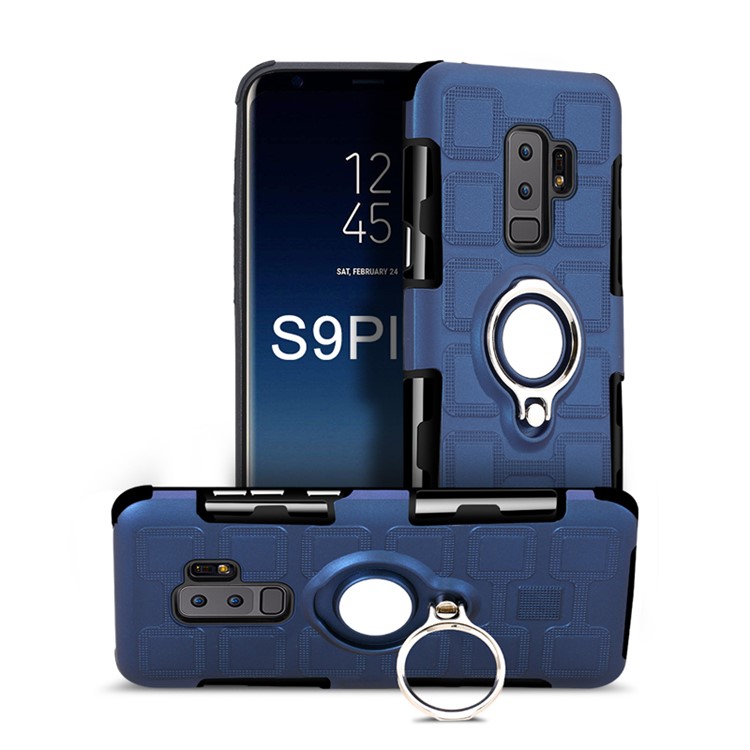 For Samsung Galaxy S9+ SM-G965 Geometric Pattern TPU PC Combo Case with Magnetic Car Mount Ring Holder - Dark Blue-4
