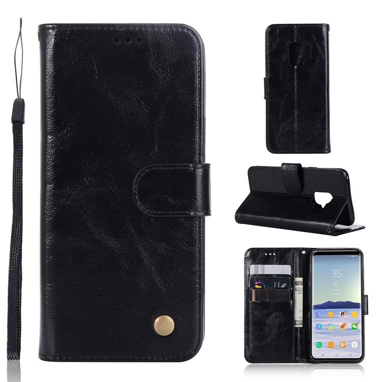 Premium Vintage PU Leather Stand Wallet Case for Samsung Galaxy S9 SM-G960 - Black-1