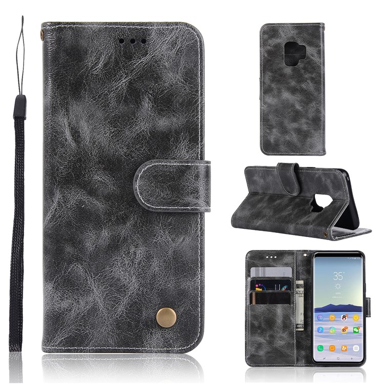 Premium Vintage PU Leather Stand Wallet Cover for Samsung Galaxy S9 SM-G960 - Grey-1