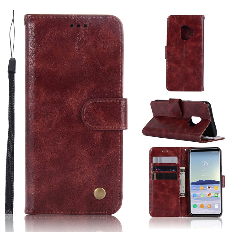 Premium Vintage PU Leather Stand Wallet Shell for Samsung Galaxy S9 SM-G960 - Wine Red-1