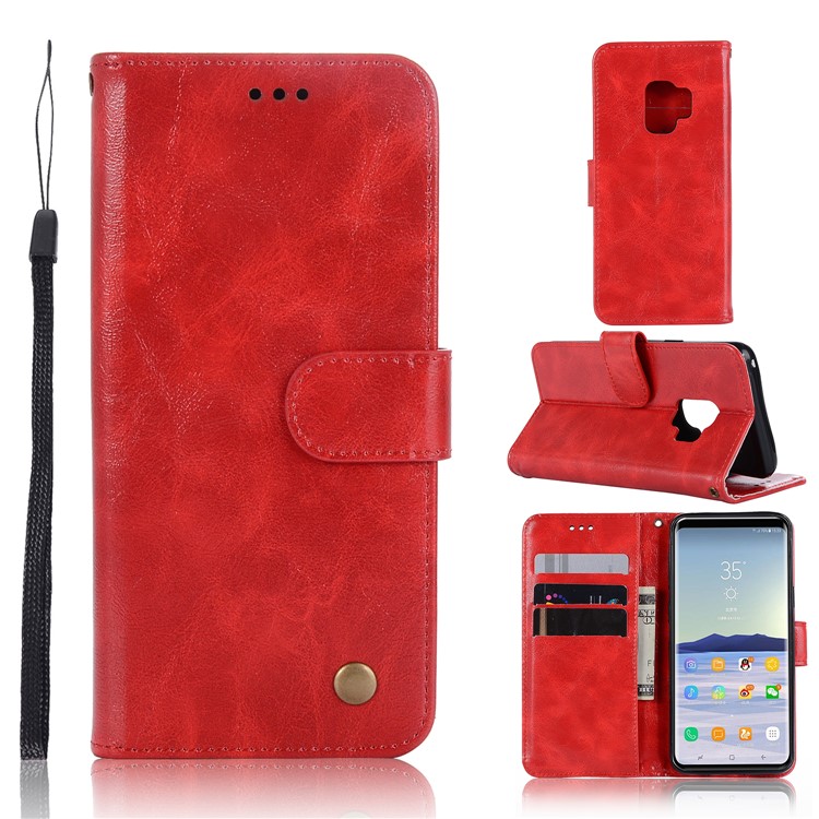 Premium Vintage PU Leather Stand Wallet Casing for Samsung Galaxy S9 SM-G960 - Red-1