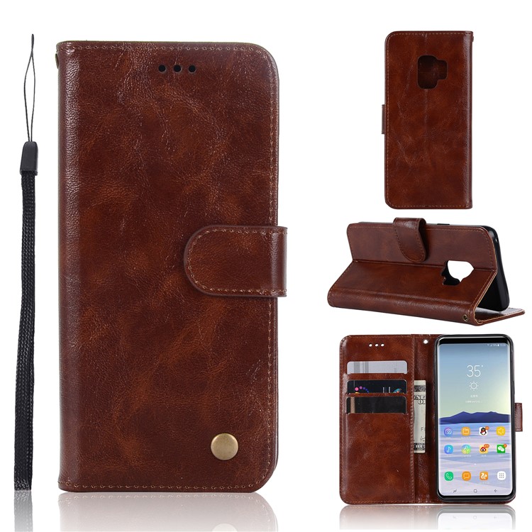 Premium Vintage PU Leather Stand Wallet Mobile Phone Case for Samsung Galaxy S9 SM-G960 - Coffee-1